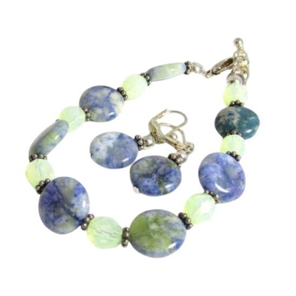 Blue Green Sodalite Gemstone, Opal Glass Crystals Ankle Bracelet Earrings‎ Set